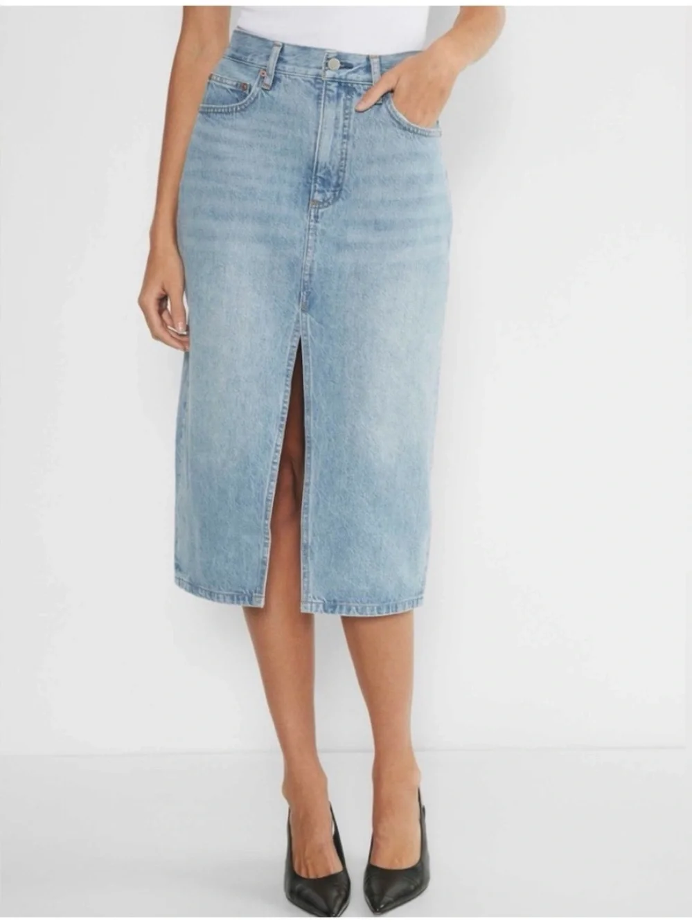 Denim Forum 90s Halle Denim Skirt Midi 28 Blue Jean Midi Center Front Slit
